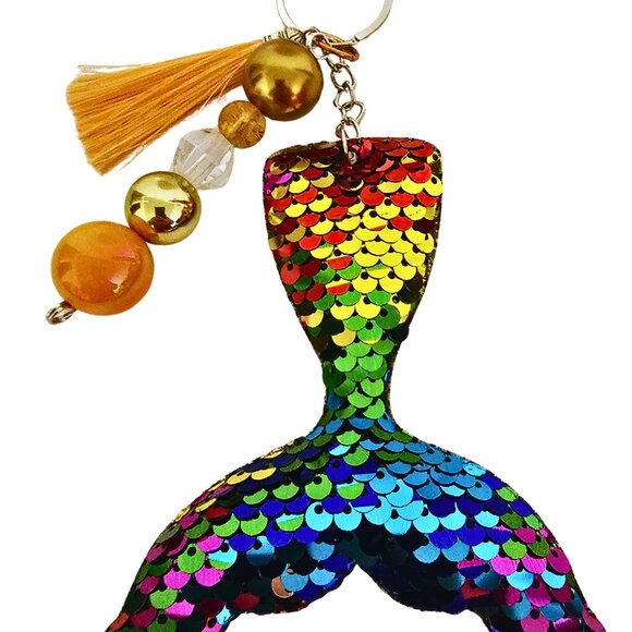 Sequins Peach Plush Rainbow Mermaid Tail Keychain, Silk Tassel, Bead, Charm - Picture 1 of 1
